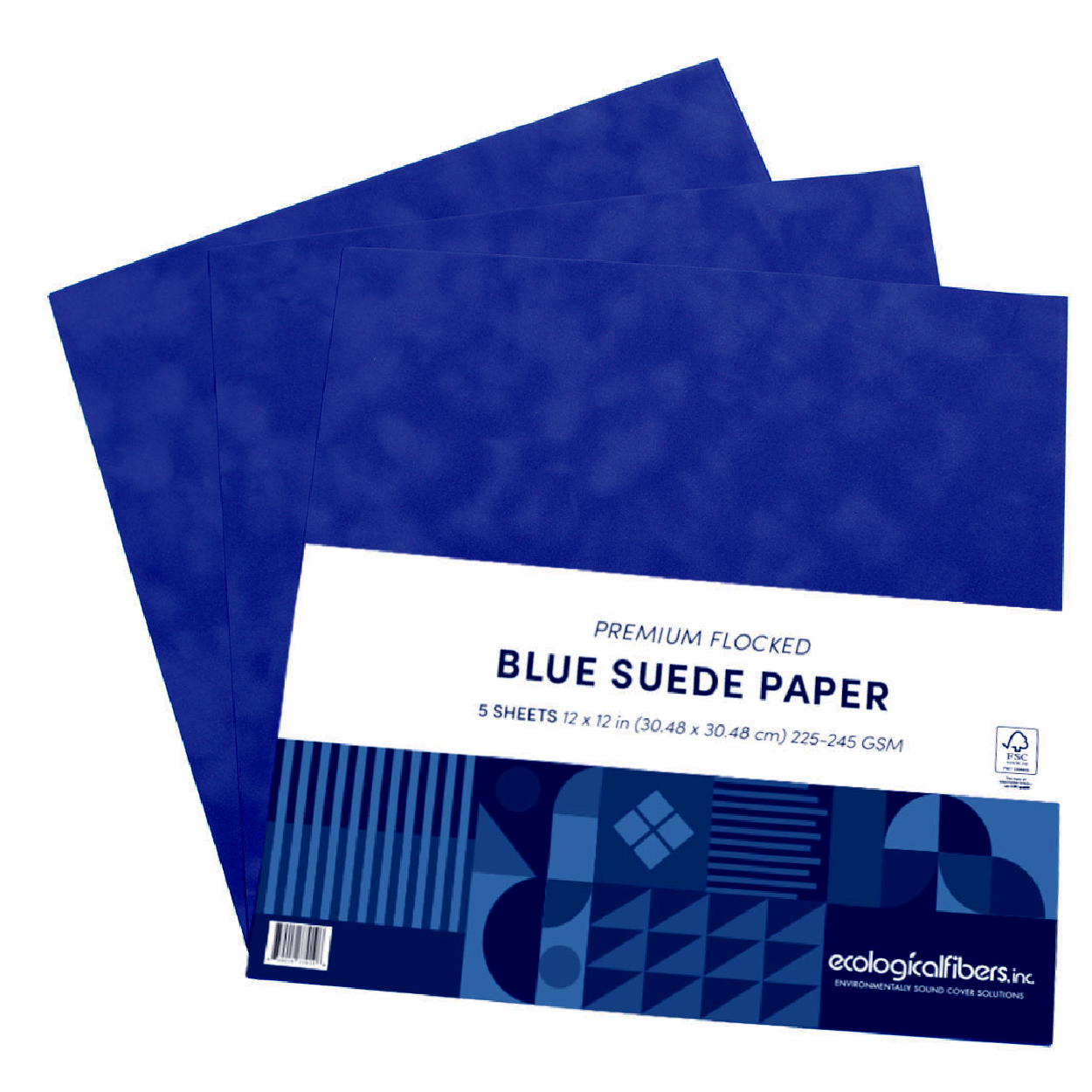 Premium Flocked Blue Suede Paper with 5 sheets displayed in a layered arrangement