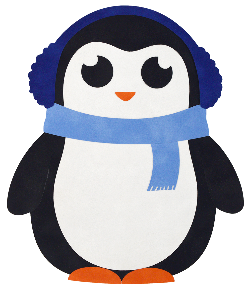 Penguin wearing blue earmuffs and a blue scarf