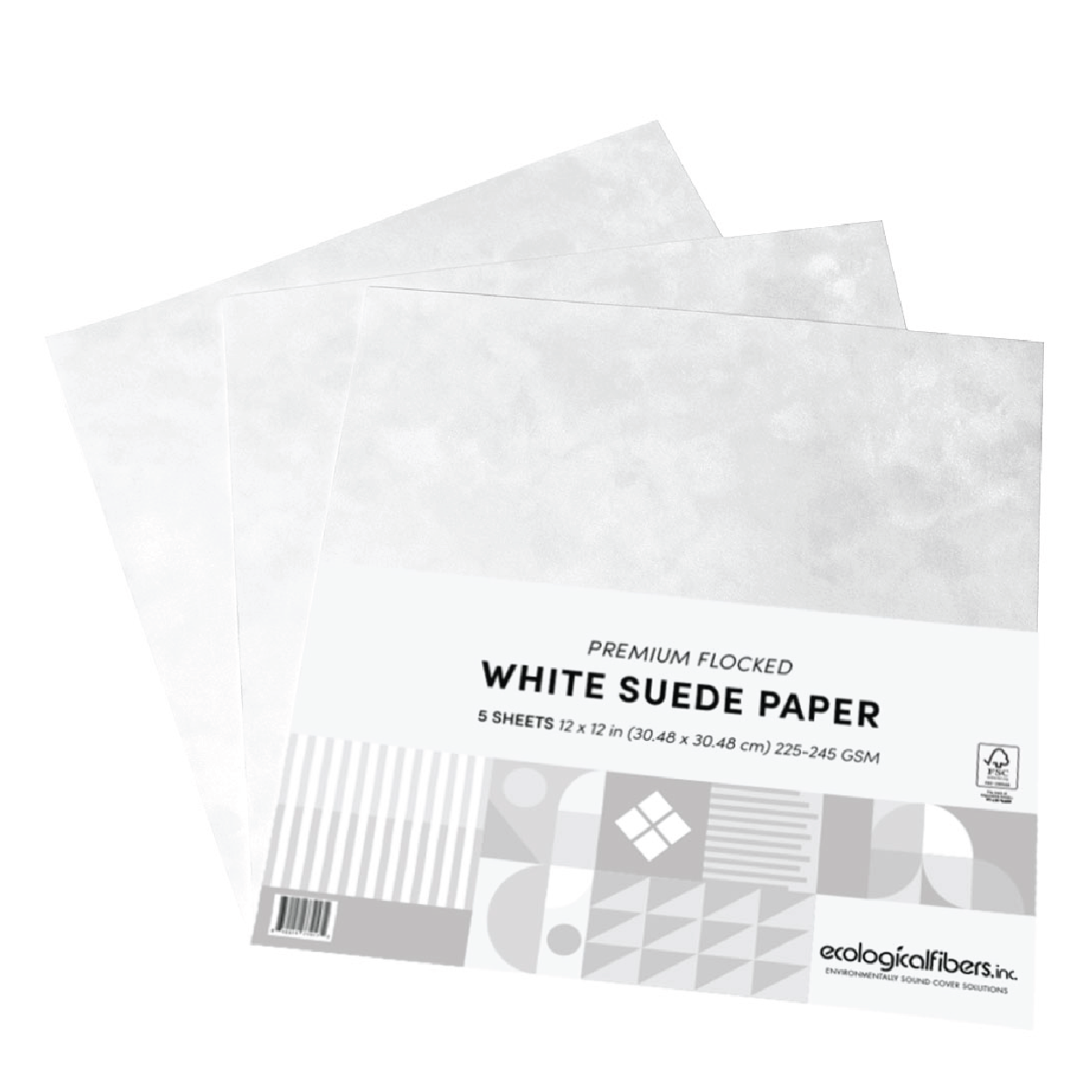 Premium Flocked White Suede Paper with 5 sheets displayed in a layered arrangement